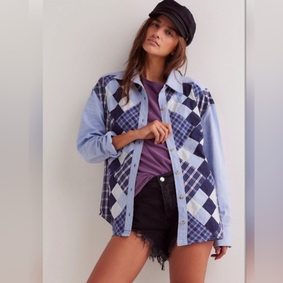 Free People We The Free Argyle Plaid Shirt in Blue Western Festival Cowgirl NWOT - Picture 1 of 9